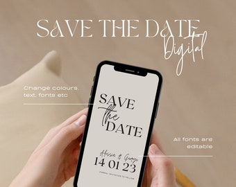 Puede incluir: Un teléfono inteligente muestra una invitación de boda digital con el texto "Save the Date". El diseño presenta una tipografía elegante y los nombres "Alessia & George" con la fecha "14 01 23". La invitación es personalizable, con colores, texto y fuentes editables.