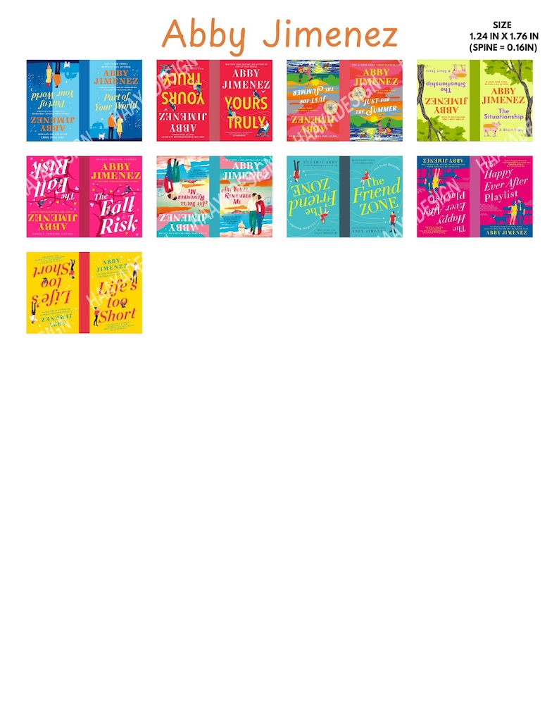 May include: A collection of 10 paperback books by Abby Jimenez. The books are arranged in two rows of five. The book covers feature colorful illustrations and text. The books are all the same size, approximately 1.24 inches wide by 1.76 inches tall.