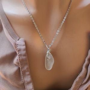 Sea Glass Pendant Necklace White, Genuine Handmade Unique Summer Statement Jewelry, Mom Gift, Boho Style Gift for Her