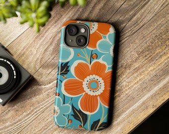 iPhone 15 case, Floral iphone case ,iPhone 11 case ,Google Pixel ,Retro Flower design,Durable Tough Phone Cover,Vibrant Orange and Blue