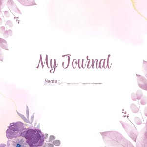 Könnte beinhalten: Ein lilafarbener Journal-Umschlag mit floralem Design, dem Text "My Journal" und einem Platz für einen Namen. Der Hintergrund ist ein Aquarell in Rosa und Gold.