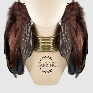 Long Brown Feather Earrings: Handmade Boho Dangle Tassels