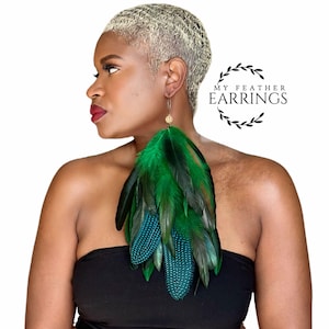 Green Feather Dangle Earrings: Handmade Boho Chic Tassels