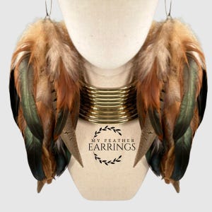 Long Feather Dangle Earrings: Brown Schlappen & Lady Amherst Feathers