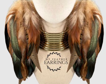 Long Feather Dangle Earrings: Brown Schlappen & Lady Amherst Feathers