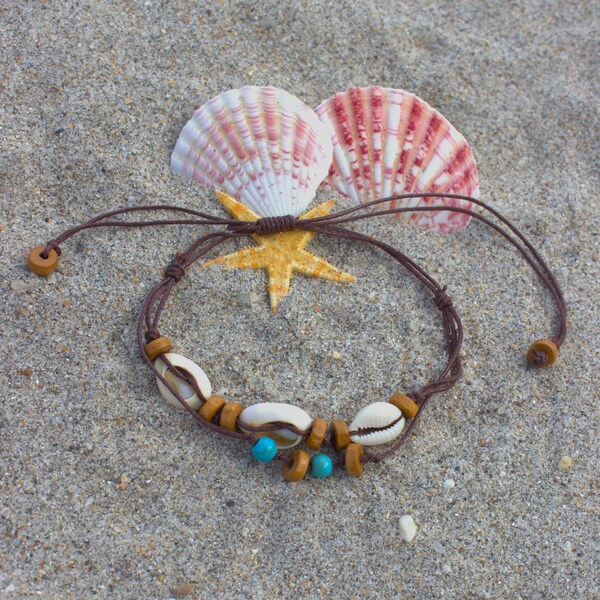 Cowrie Shell Anklet with Wooden Beads, Beach Anklet, Summer Vibe Surf Anklet, Puka Shell Turquoise Anklet, Hawaiian Beach Seashell Jewelry