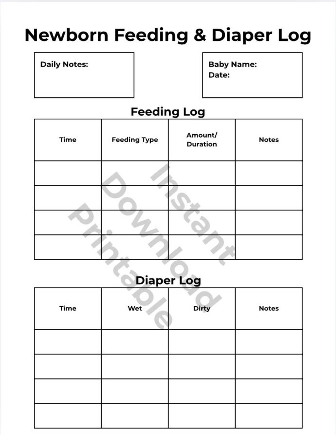 Newborn Feeding and Diaper Log Printable | Baby Feeding Tracker ...