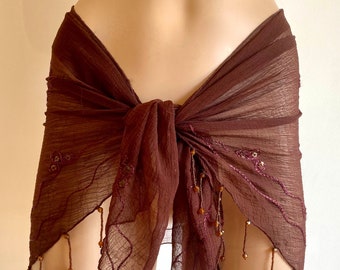 Sheer Maroon Brown Beaded Chiffon Sarong Wrap "Beach 2 Bar" Coverup Pareo Mini Skirt Top Strapless Scarf Shawl Handmade Resort Pool Fits All