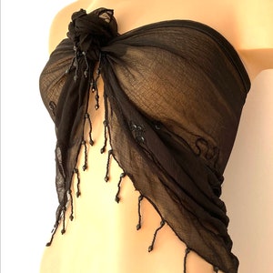 Sheer Black Beaded Chiffon Sarong Wrap &quot;Beach 2 Bar&quot; Coverup Pareo Mini Skirt Halter Top Strapless Scarf Shawl Handmade Resort Fits All