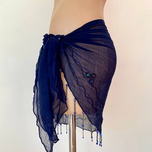 Pareo de gasa transparente azul marino con cuentas, pareo playero tipo pareo, minifalda, top con cuello halter, bufanda sin tirantes, chal, hecho a mano, para resorts, se adapta a todo tipo de ocasiones