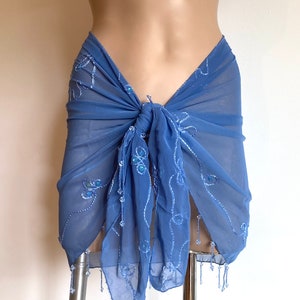 Sheer Cornflower Blue Beaded Chiffon Sarong Wrap &quot;Beach 2 Bar&quot; Coverup Pareo Skirt Top Strapless Scarf Shawl Cover-up Resort Pool Fits All
