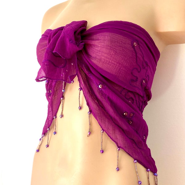 Sarong en mousseline de soie perlée violet transparent, 2 bars, paréo, mini jupe, haut licou, écharpe sans bretelles, châle fait à la main, piscine de villégiature, convient à tous