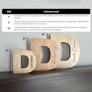 May include: Three wooden letters, each in the shape of the letter "D", are arranged in a row on a dark brown surface. The letters are 5 inches, 8 inches, and 10 inches tall. The letters are personalized with the names "Derek", "Delaney", and "Coach Devon".