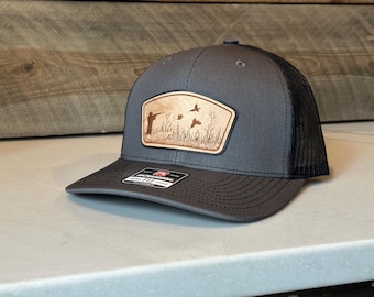 Gorra personalizada con parche de madera y cuero - Gorra de caza de faisanes - Gorra de caza de aves - Gorra Richardson 112 - Regalo de caza