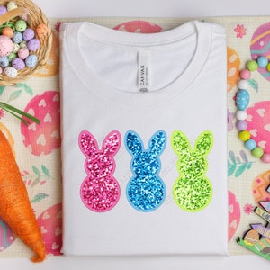 Glitter Easter Bunnies PNG Easter PNG Faux Sequins Cute Bunny Shirt Design Sparkly Trendy Easter Happy Easter Rabbit Glitter Embroidery