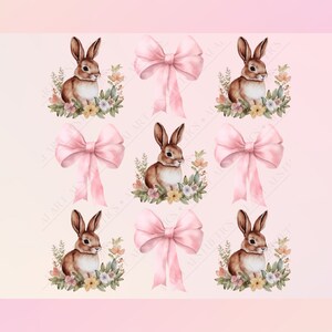 May include: A digital paper pack with illustrations of brown bunnies with pink bows and floral wreaths. The background is a soft pink gradient.