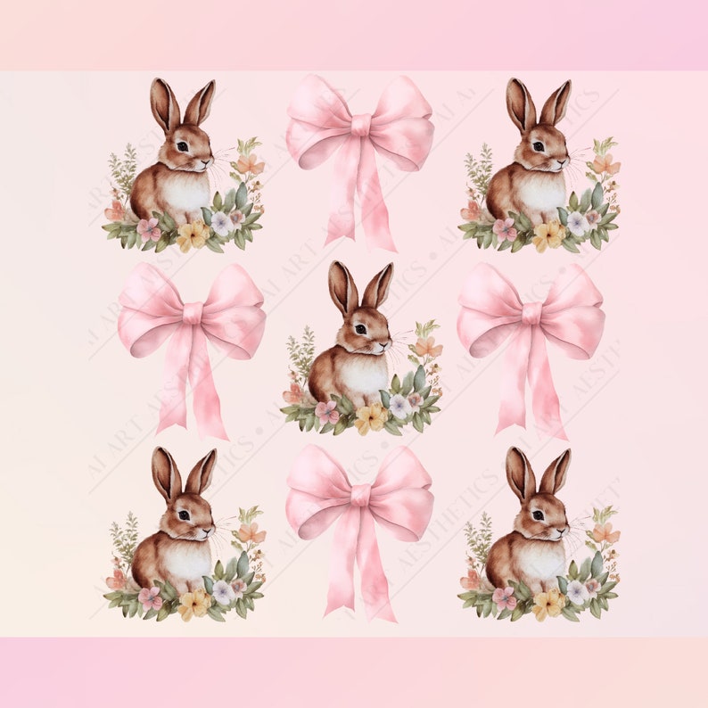 May include: A digital paper pack with illustrations of brown bunnies with pink bows and floral wreaths. The background is a soft pink gradient.