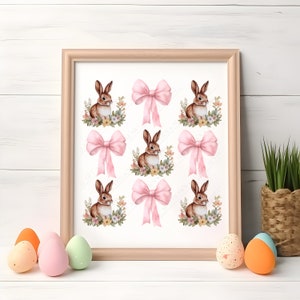 May include: A printable sheet with nine images of brown bunnies with pink bows. Each bunny is surrounded by flowers and greenery. The background is white.