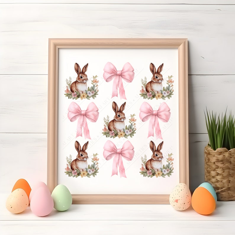 May include: A printable sheet with nine images of brown bunnies with pink bows. Each bunny is surrounded by flowers and greenery. The background is white.