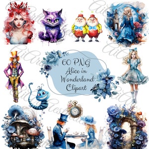 60 Alice in Wonderland watercolor PNG, Fairytail clipart,Alice PNG images, wonderland character bundle transparent background,commercial use