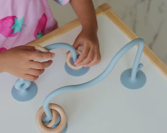Silicone Suction Toy with Wooden Rings | Travel or Highchair Entertainment for Babies and Toddlers