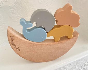 Personalised Wooden Noah's Ark Balancing Stacker Toy with Silicone Animals
