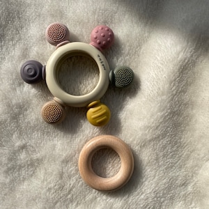 Pu&ograve; includere: Un anello da dentizione bianco con cinque diversi attacchi in silicone testurizzati in rosa, viola, giallo e verde. L'anello &egrave; su una superficie bianca e pelosa. C'&egrave; un anello di legno separato sulla superficie.