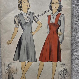 May include: Vintage sewing pattern featuring illustrations of two dresses. The pattern is labeled "A Du Barry PERFECT PATTERN" and includes the text "Easily-Made". The size is 16 with a bust measurement of 34 inches.