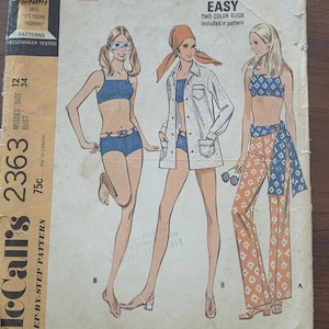 McCall&#39;s 2363 Misses&#39; Size 12 Bust 34&quot; Bathing Suit, Shirt, and Pants 1970s Pattern