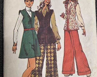 Patrón de jersey o túnica con pantalones de pierna ancha Simplicity 5801, talla 12, busto 34, década de 1970