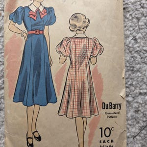 DuBarry Pattern 5481 Misses' 1930s Size 15 Bust 33" Princess Seam Dress with Poofy Sleeves Vintage Pattern