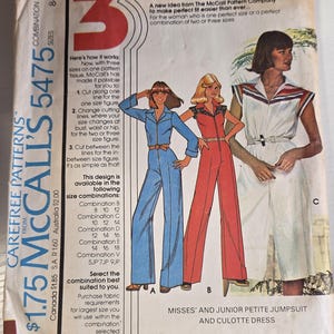McCall&#39;s 5475 Size 12 Bust 34 &quot;1970s Carefree Petite Jumpsuit und Culotte Dress