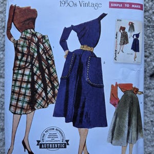 May include: Simplicity 1950s vintage sewing pattern. The pattern features illustrations of three different dresses and skirts. The pattern includes size options for U.S. sizes 8-16. The text "Simple to Make" is also visible.