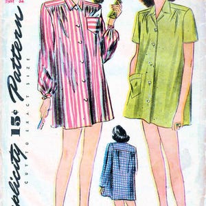 May include: Vintage Simplicity pattern featuring illustrations of women's sleepwear. The pattern includes a striped long-sleeve shirt dress, a short-sleeve green shirt dress, and a blue plaid shirt. The pattern size is 14, bust 32 inches.