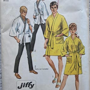 May include: Vintage Simplicity sewing pattern 8256 featuring illustrations of bathrobes. The pattern includes a size 8 with a 31.5-inch bust. The Jiffy pattern includes 4 main pieces and is easy to cut and sew.