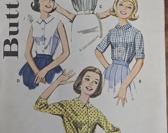 Patrón de blusa pequeña para adolescentes Butterick 9834, talla 14, busto 34", años 60