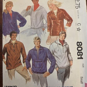 May include: A vintage McCall's sewing pattern featuring illustrations of various pullover jackets. The pattern includes a range of styles, from a zip-up jacket to a lace-up front design. The text on the pattern reads "Learn to Sew for Fun."