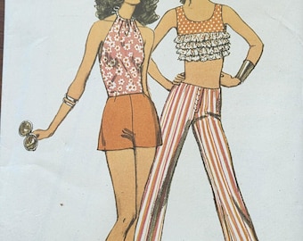 Simplicity 9409 Misses' 1970s Hip Hugger Bell Bottom Pants with Midriff Halter Top Size 12 Bust 34" Pattern
