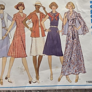 May include: Vintage Vogue's Basic Design sewing pattern featuring five women's fashion designs. The illustrations showcase dresses, jackets, and skirts in various styles, including a gingham dress and a floral print maxi dress. The pattern number is 1198.