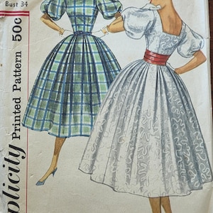 Simplicity 2132 Size 14 Bust 34 1950s Puff Sleeves, One - Piece Dress, Cummerbund and Detachable Bow Pattern