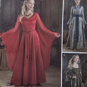 May include: Simplicity pattern 1045 featuring medieval-style gowns. The main image showcases a red gown with long, flowing sleeves and a cinched waist. Additional designs include a silver and a green gown.