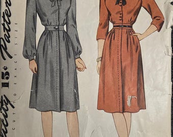 Simplicity 1472 Size 16 Bust 34 Inches 1940s Misses' One Piece Dress Pattern