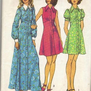 Patrón de costura vintage para vestido abotonado Simplicity 5554 para señoritas, años 70, talla 12, busto de 34 pulgadas, largo o sin mangas, con mangas abullonadas (sin sobre)