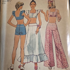 Simplicity 5697 Size 12 Bust 34 inches 1970s Midriff-Top Skirt, Wide Leg Pants or Short Shorts Pattern