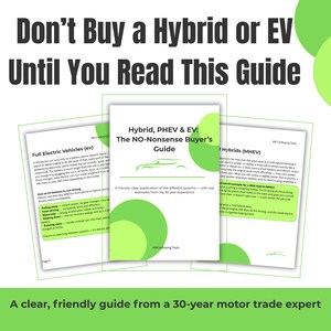 Puede incluir: Una guía titulada "Hybrid, PHEV & EV: The NO-Nonsense Buyer's Guide" con información sobre vehículos eléctricos e híbridos. La portada presenta una silueta de coche y el texto "Don't Buy a Hybrid or EV Until You Read This Guide".