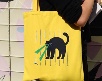 Yellow Cotton Canvas Tote Bag: Laser-Eyed Black Cat Design