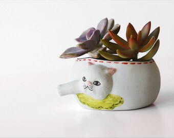 Handmade Ceramic Cat Succulent Pot: Embossed Kitty Planter