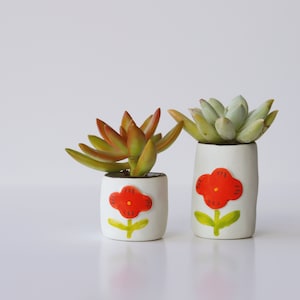May include: Two small white ceramic succulent pots with red and green painted flowers. The pots are filled with green succulents.