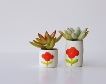 Pair of Petite Flower Pots: Ceramic Planters for Small Plants, Delicate Floral Duo- Handmade