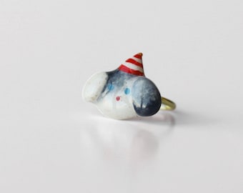 Colorful Ceramic Dog Wearing Hat Rings with Adjustable Metal Band